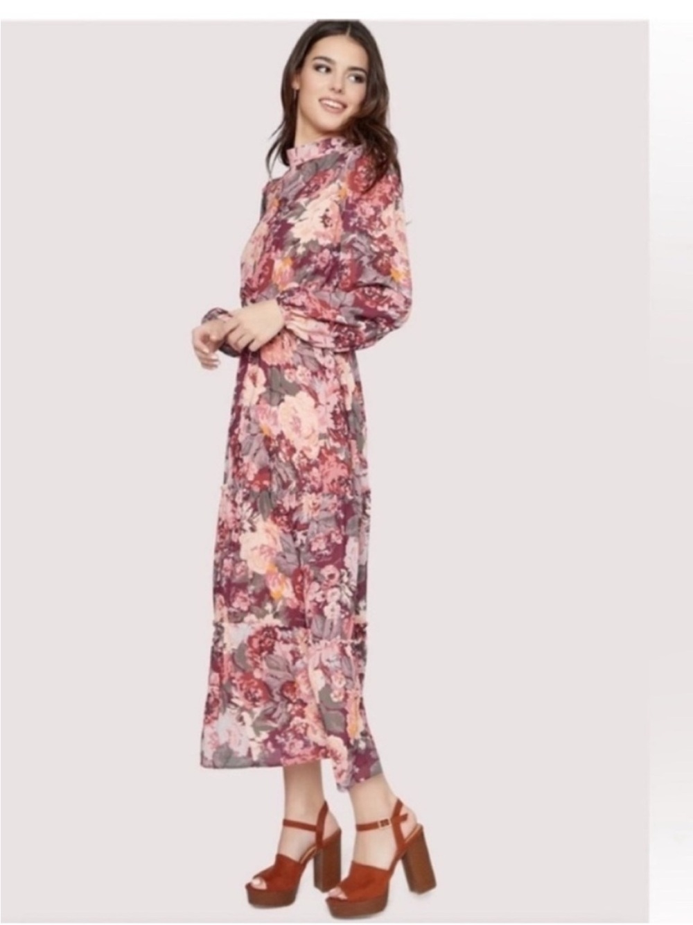 Lost + Wander Rose Pink Floral Long Sleeve Boho Maxi Dress Size L